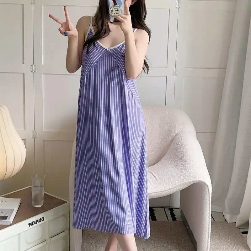 Women Plus Over Size 3XL Pajamas Dress Female Spaghetti Strap Deep V-neck Nightdress Striped Loose Homedress Can Be Wear Outside