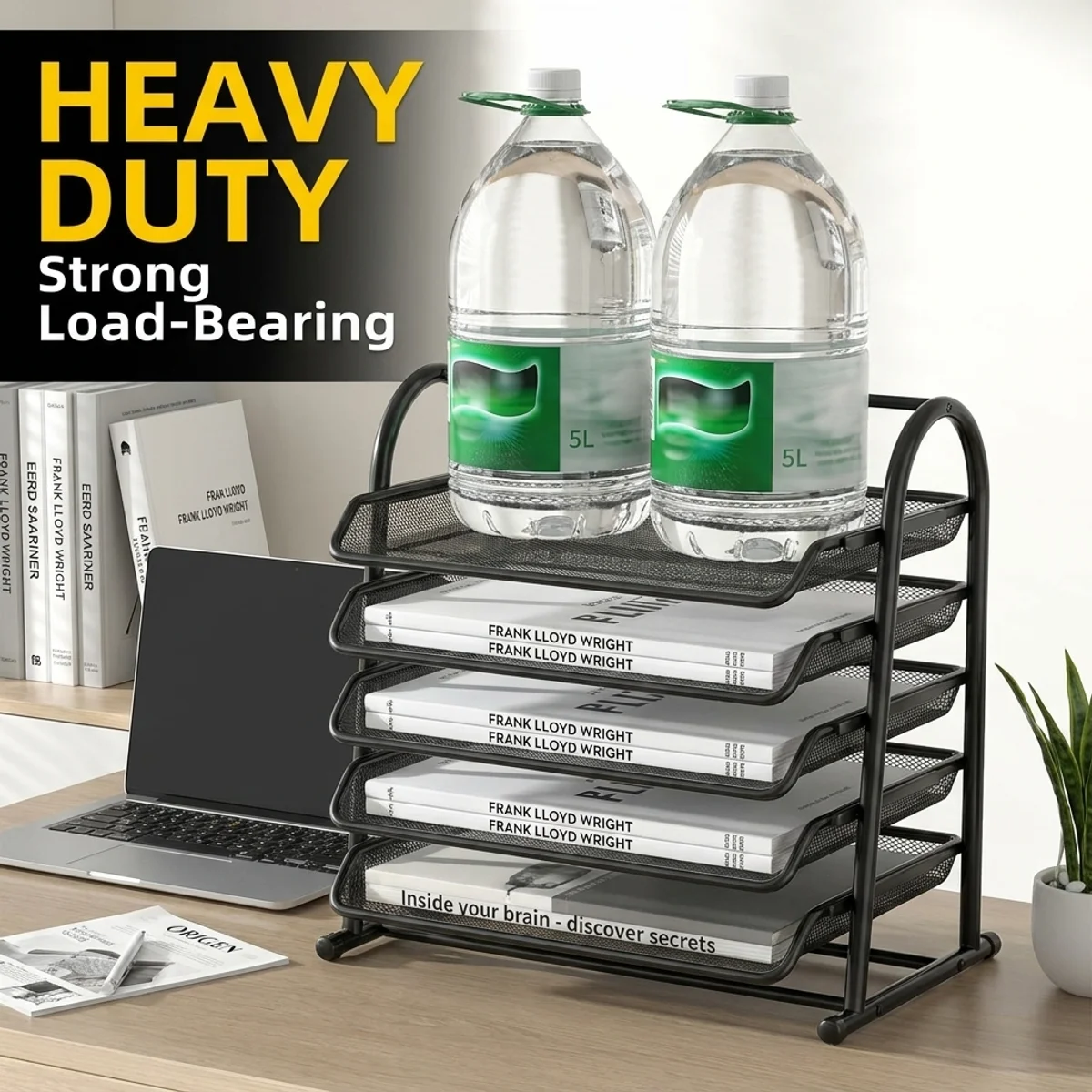 5-Tier Metal Mesh Landscape A4 File Tray, Pull-Out Organizer for Office Home School Teacher Student