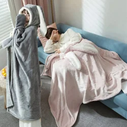 Hooded Cloak Blankets Comfortable for Picnic Travel Fleece Wearable Throw Blanket Rabbit Ear Thickened Hooded Cloak Winter Warm