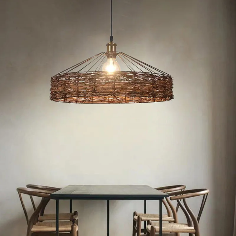 

Rattan Art Pendant Lamps Bar Table Retro Iron Chandelier Creative Living Room Decor Restaurant Ring Light Lighting Fixture