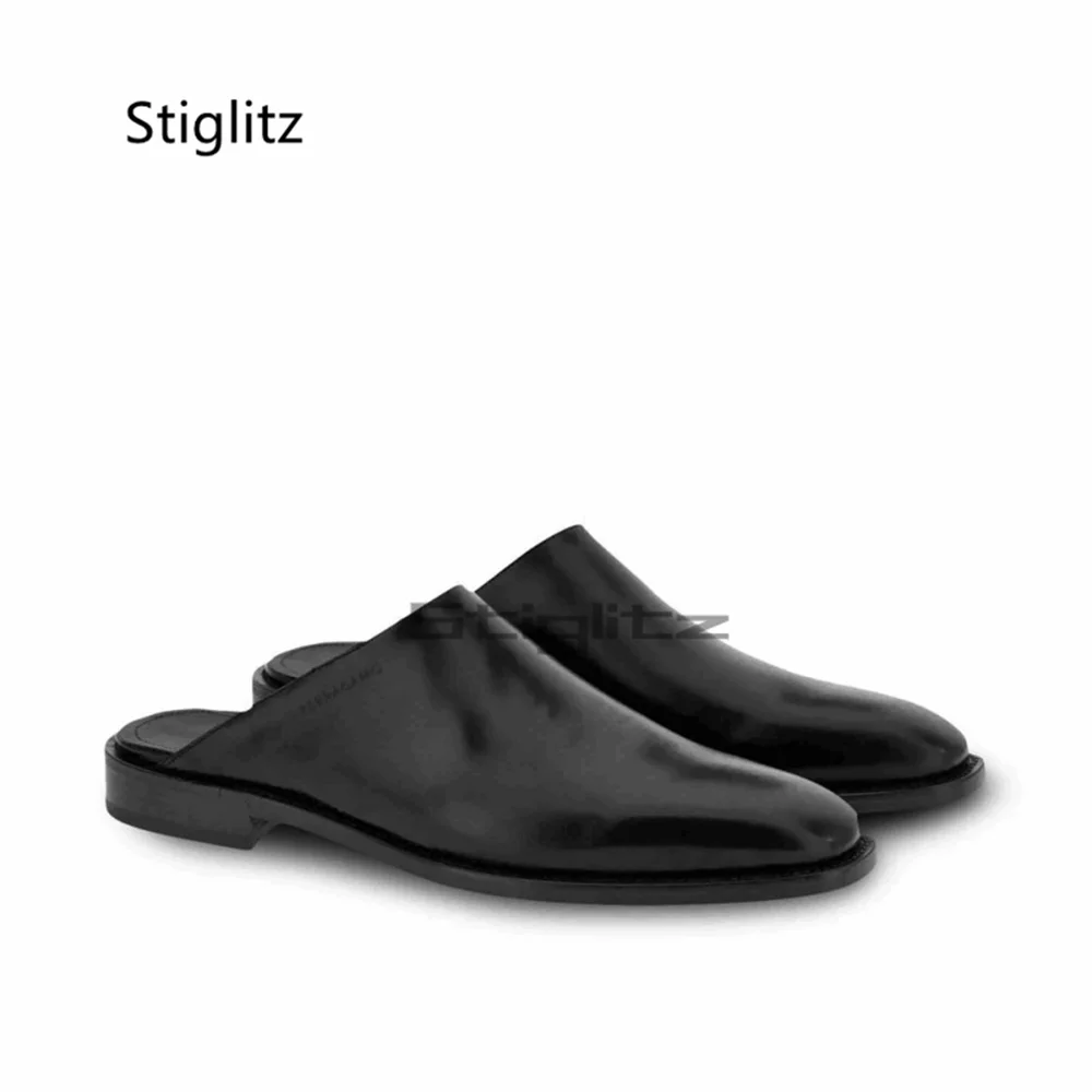 Men's Black Leather Half Slippers British Style Round Toe Mules Brown Backless Slip-On Flat Casual Party Shoes Large Size