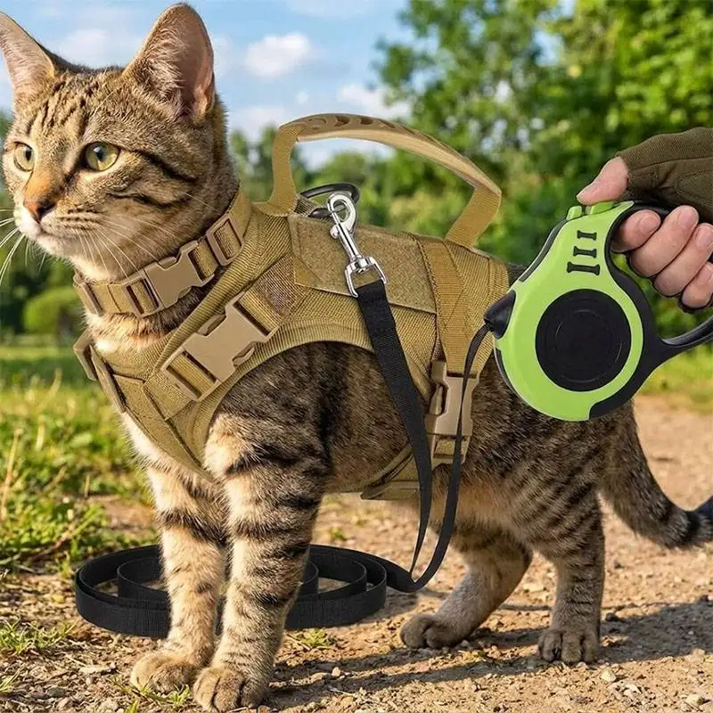 Breathable Tactical Pet Harness Vest with Retractable Leash Adjustable Chest Strap for Small Medium Dogs Cats Outdoor Use