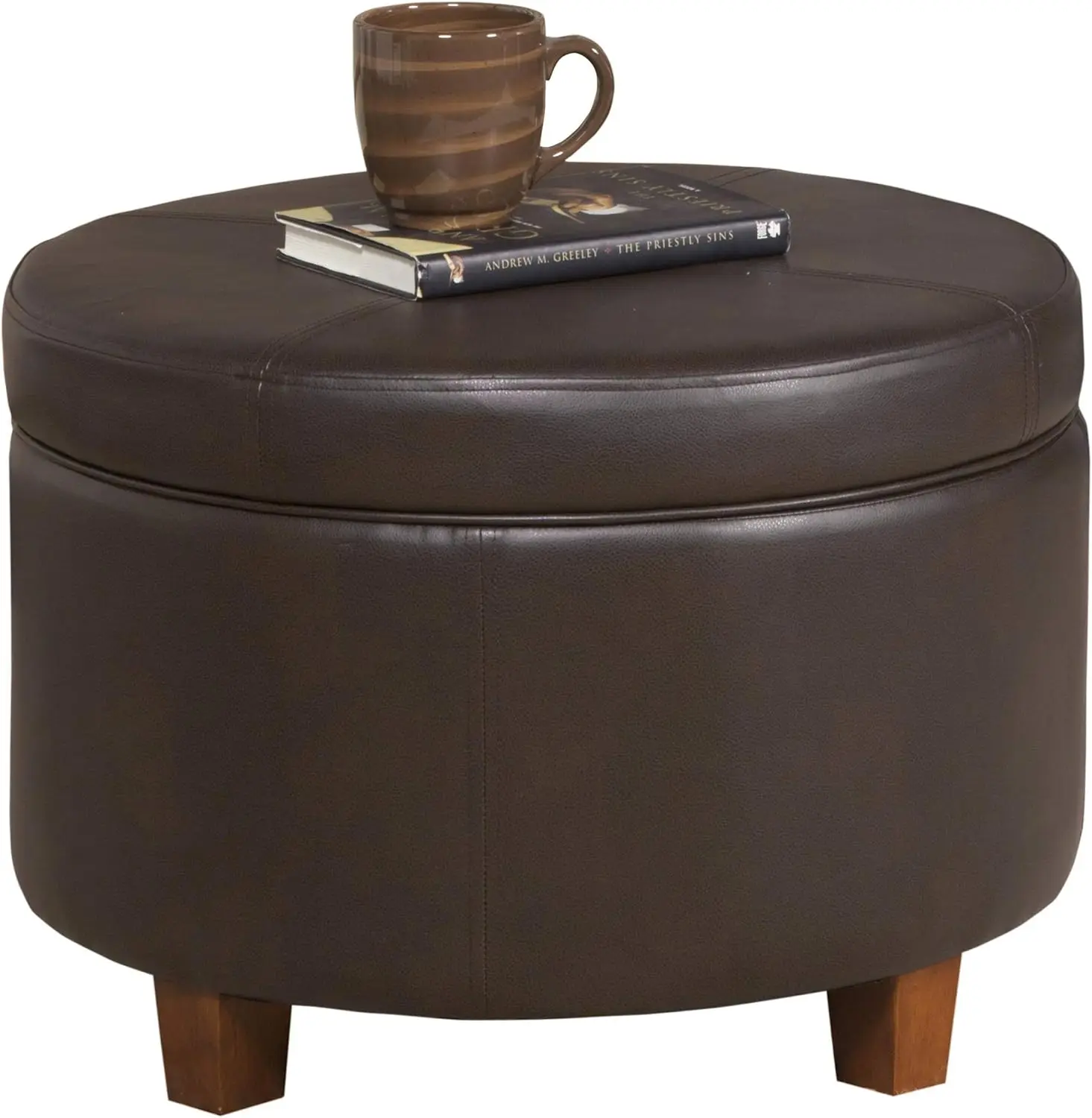 Round Leatherette Storage Ottoman with Lid, Chocolate Brown Large