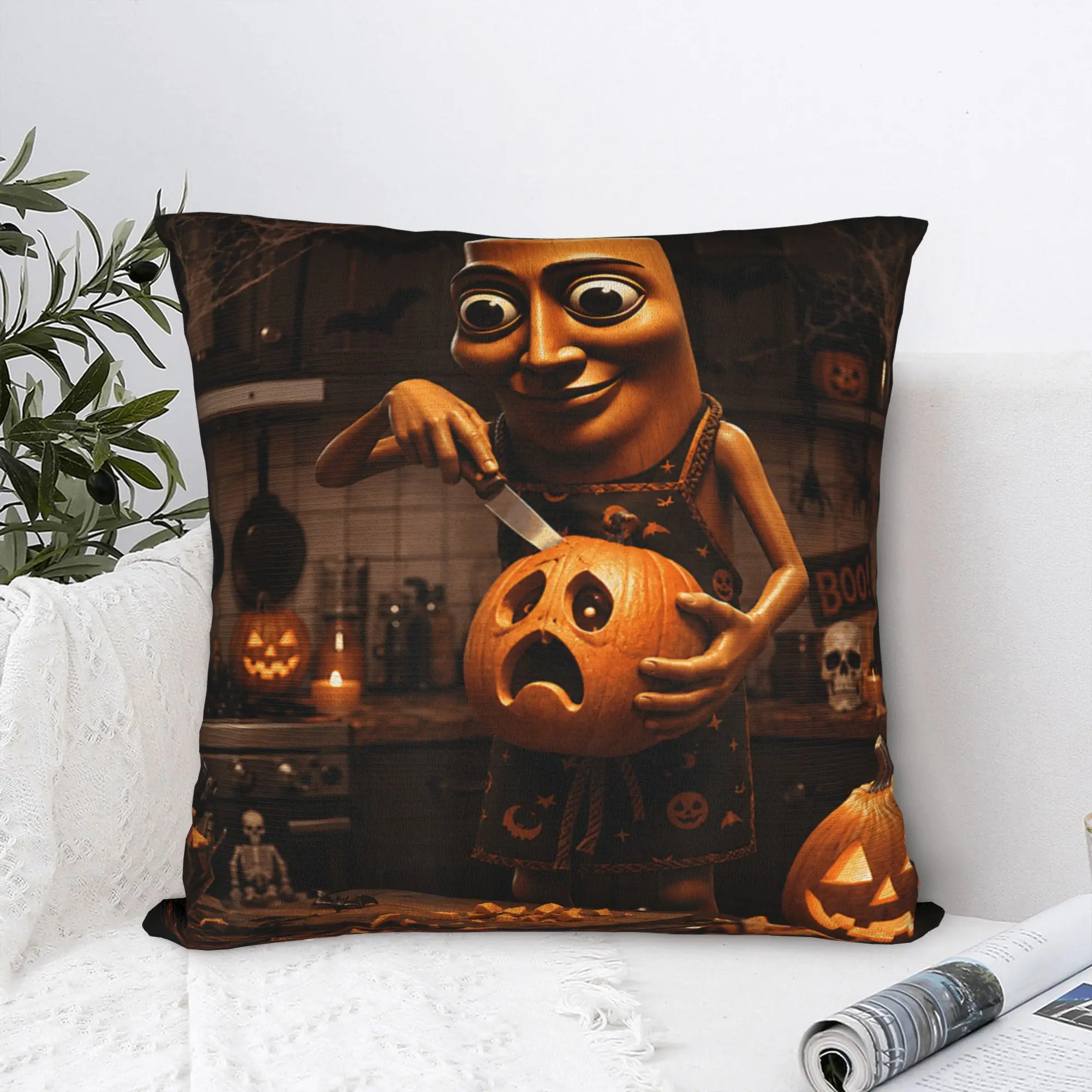 Meme Tung Sahur Carving Spooky Pumpkin Halloween Scary Night Pillow Case Pillow Cover For Couch Sofa Bedroom Cute Pillowcases