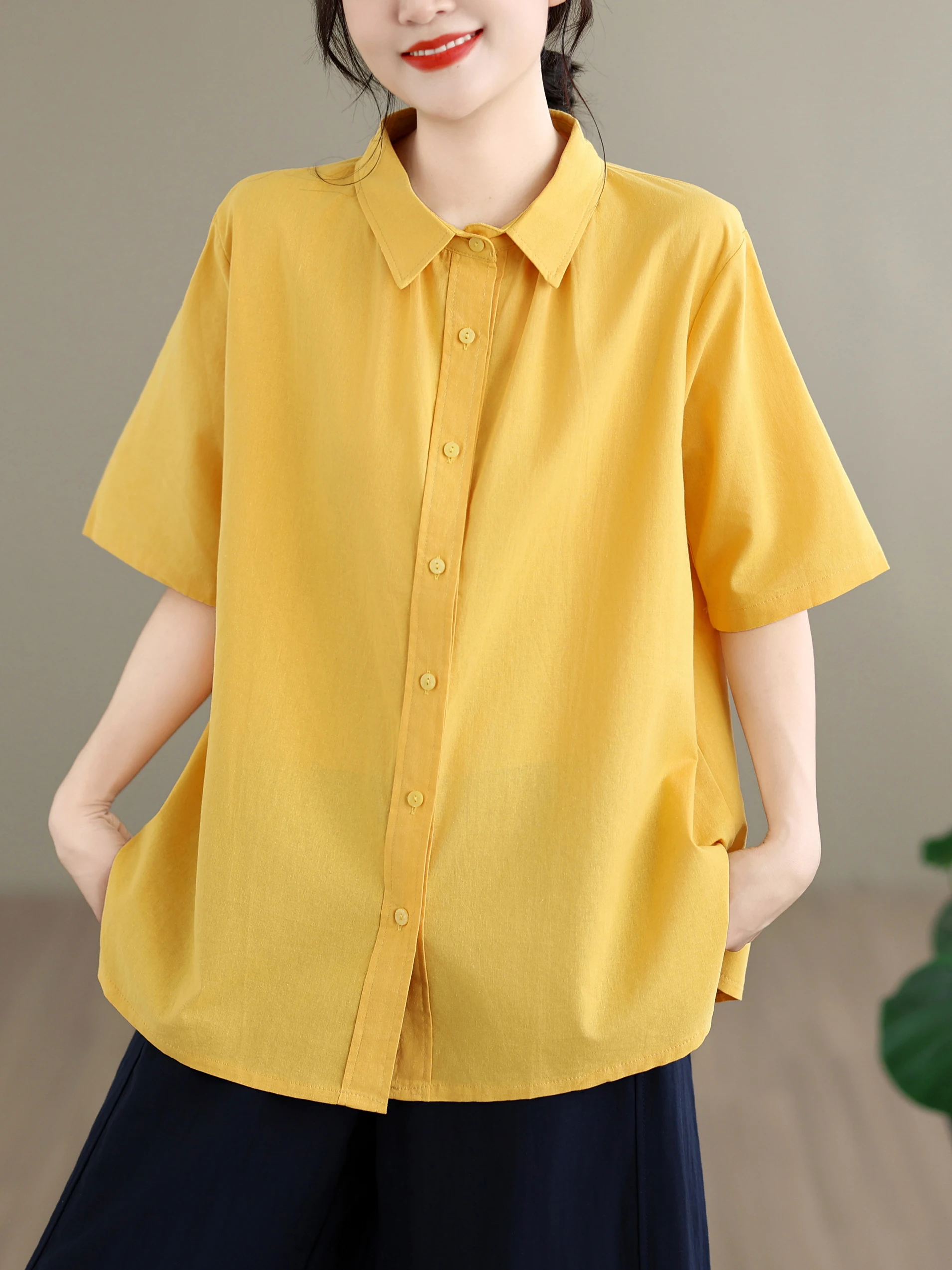 Casual Cotton Linen Short Sleeve Shirt Women's Summer Slim Fit Turn-down Collar Top Thin Versatile Daily Wear Artistic Leisure