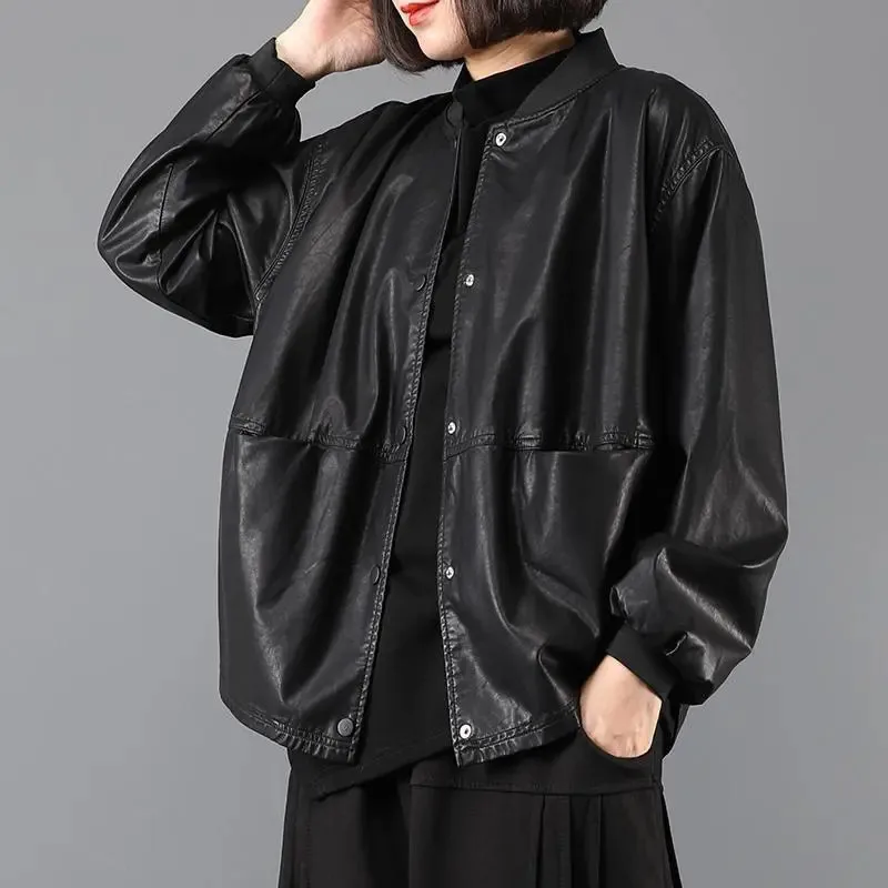 PU Leather Short Coat Female Autumn Winter New Fashion Stand Collar Long Sleeve Jacket Loose Thin Baseball Outerwear Women W429