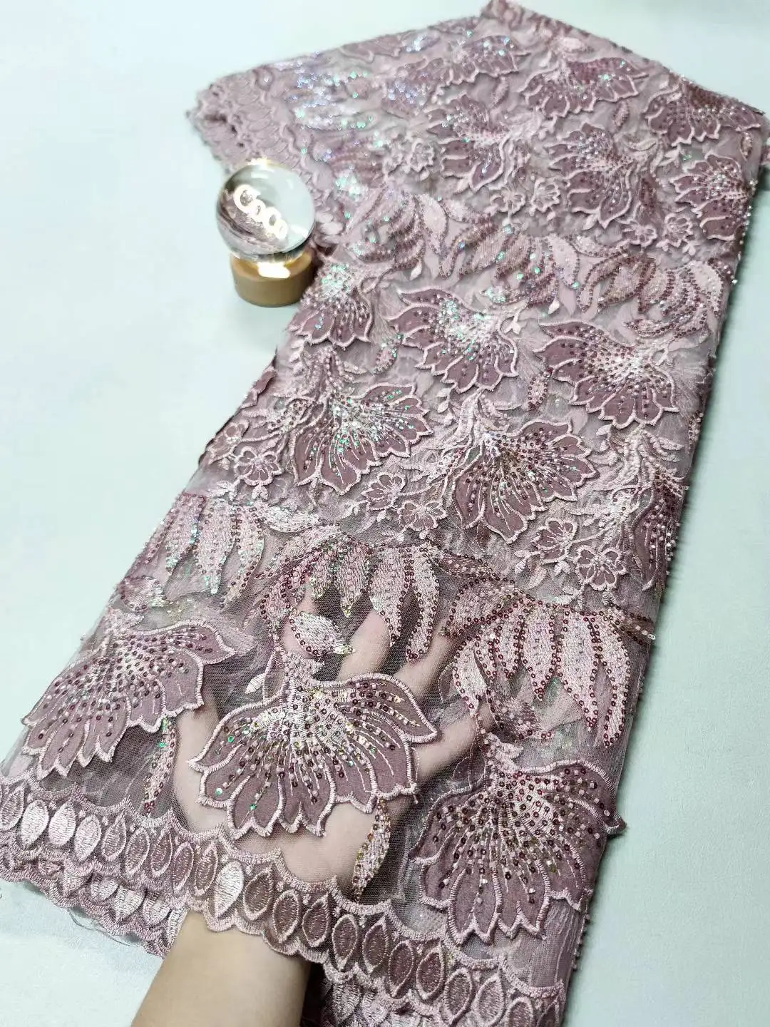 

2025 Latest High Quality African Nigerian With Tulle Sewing Guipure Lace Fabric Embroidery Dresses Sequins XL108 5Yards