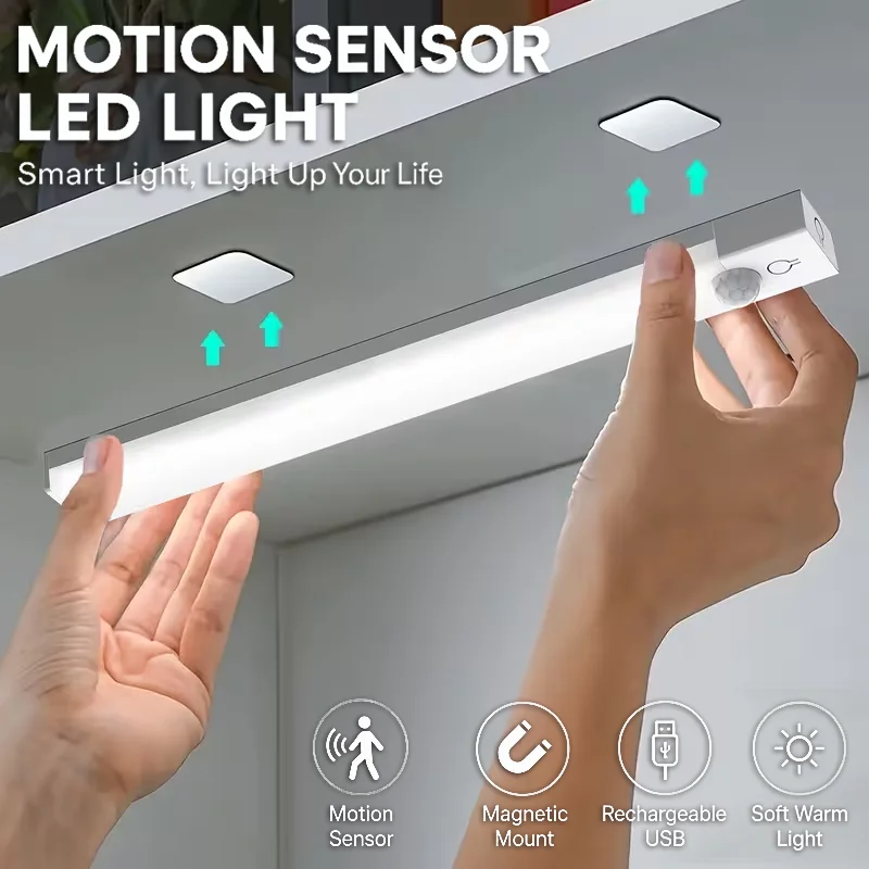 USB Rechargeable Motion Sensor LED Under Cabinet Light Magnetic Strip Night Light Wardrobe Closet Shoe Cabinet Induction Lamp