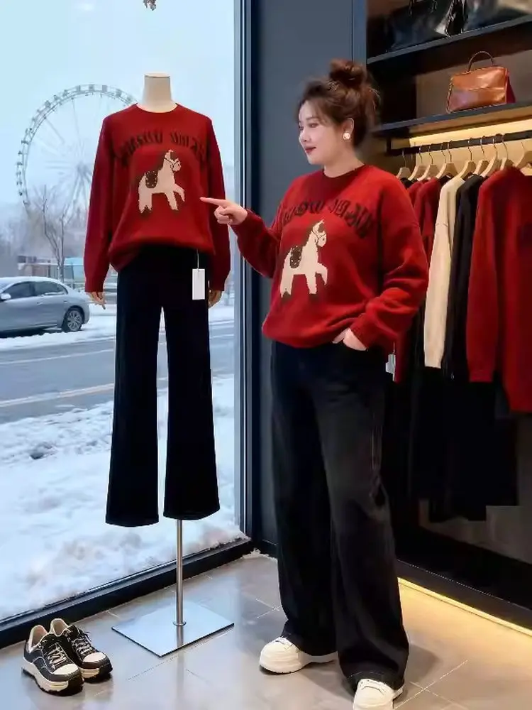 

Red Pattern round Ne Knitwear Women's Loose Long Sve Spring Casual Sle Comfortable Breathable Soft Fabric Top