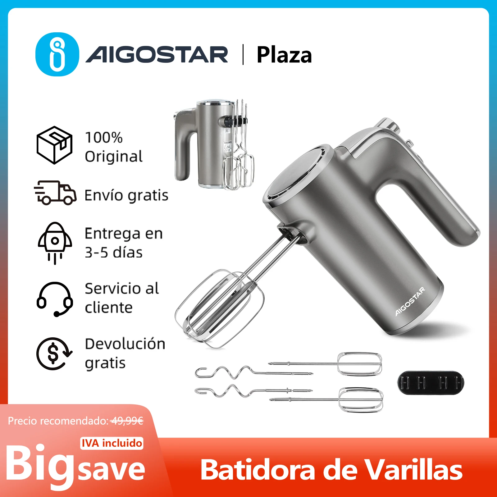 Batidora de Varillas, 5 Velocidades + Modo Turbo, 2 Batidores de Varillas, 2 Ganchos de Amasado, Soporte de Almacenamiento, 400W