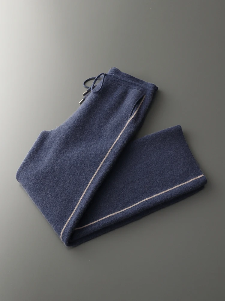 Chic Jacquard  Thick  Wide Leg Pants Men's Autumn Winter Elastic Waist 100% Cashmere Casual Knitted Pants High Quality Trousers