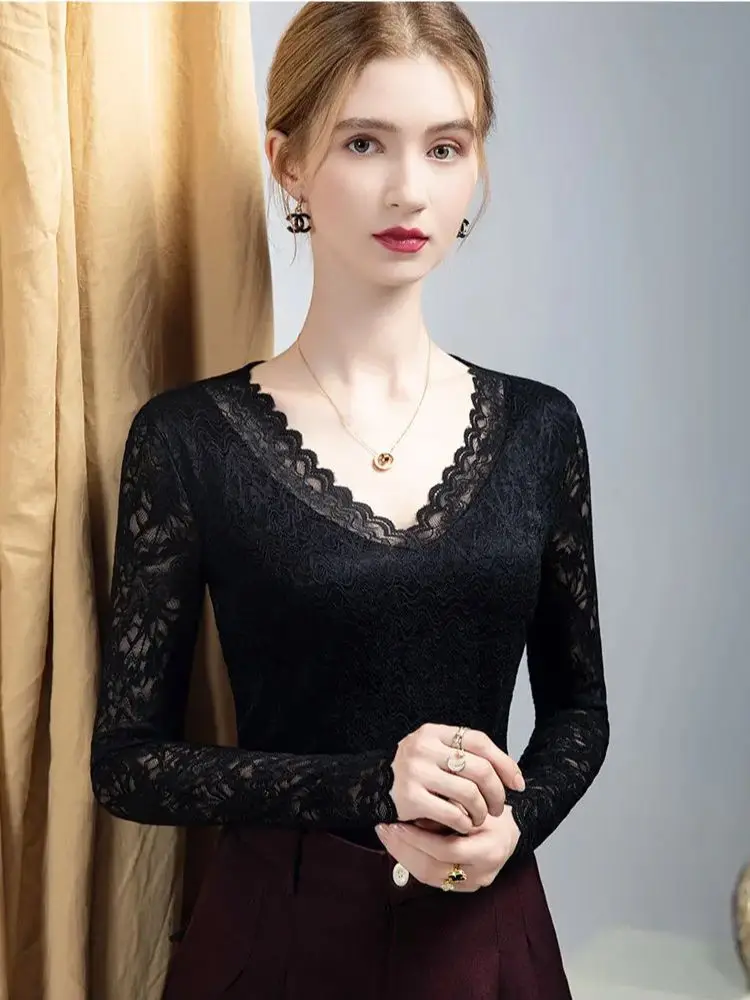 Female Chic Lace V-Neck Slim-Fit Long Sleeve Top，Spring Autumn New Hollow-Out Lace T-shirts For Women