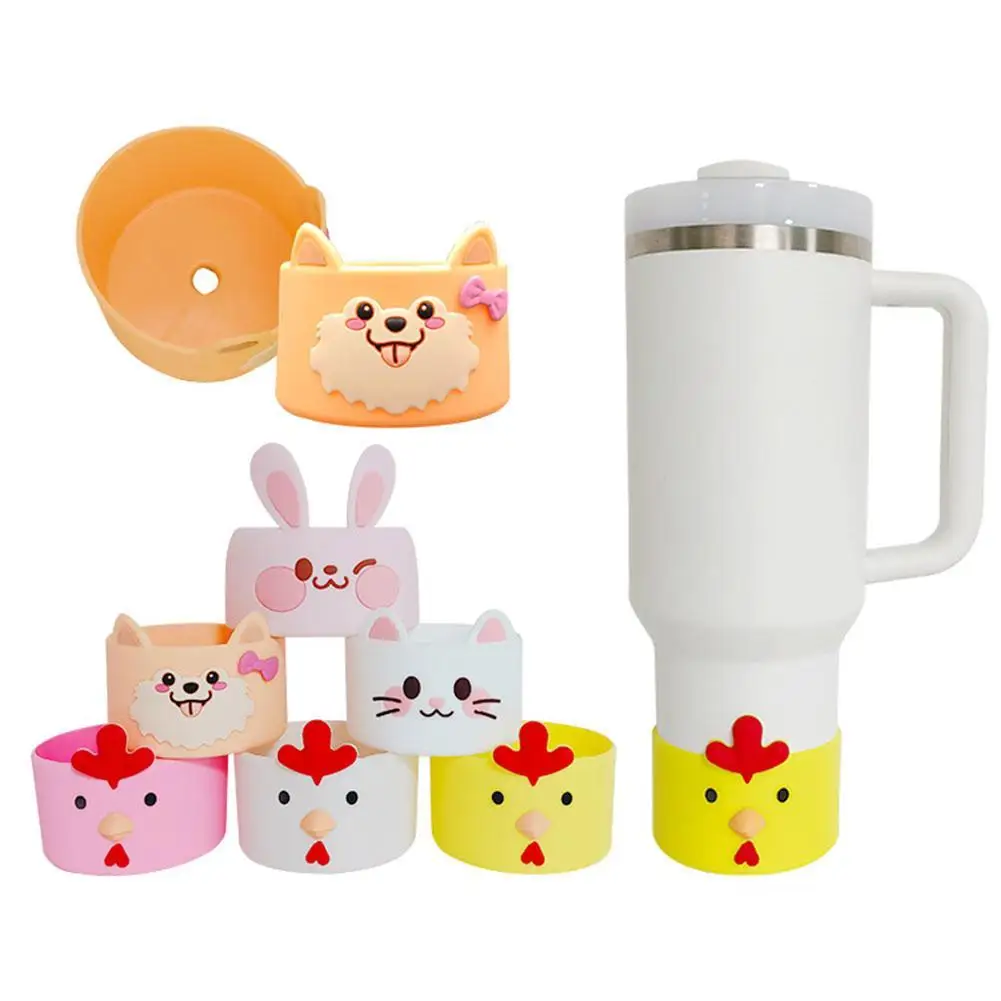 Cartoon Chickens Cats Dogs Anti-slip Silicone Cup Cover for Stanley Water Bottle Protective Base