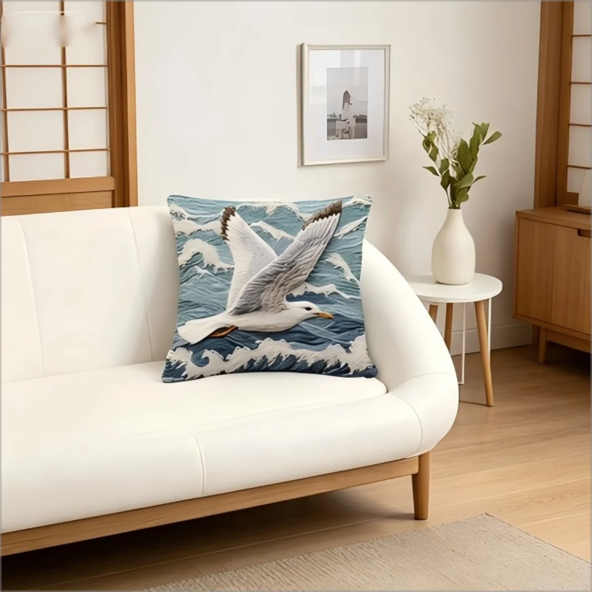 Seagull Throw Pillow Cover, Ocean Wave Style Nautical Decorative Pillow Case