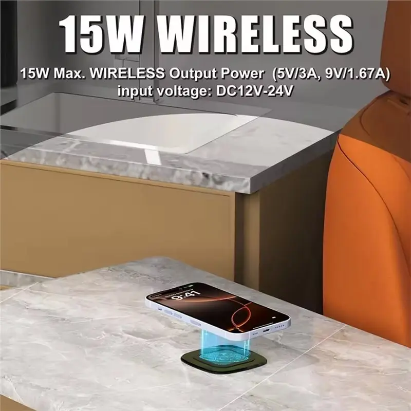 Embedded Fast Cellphone Charging Holder 12V-24V 15W Car Wireless Adapter For Bus Seat RV Campers Marine Boat