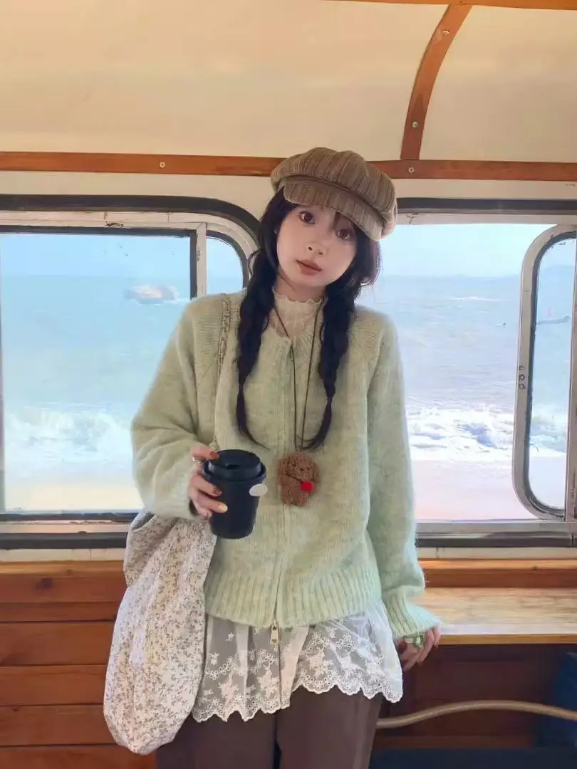 

Loose Knitted Green Sweater Coat Women's Style 2025 New Spring Autumn Korean Lazy Style Unique Very Beautiful Open Cardigan