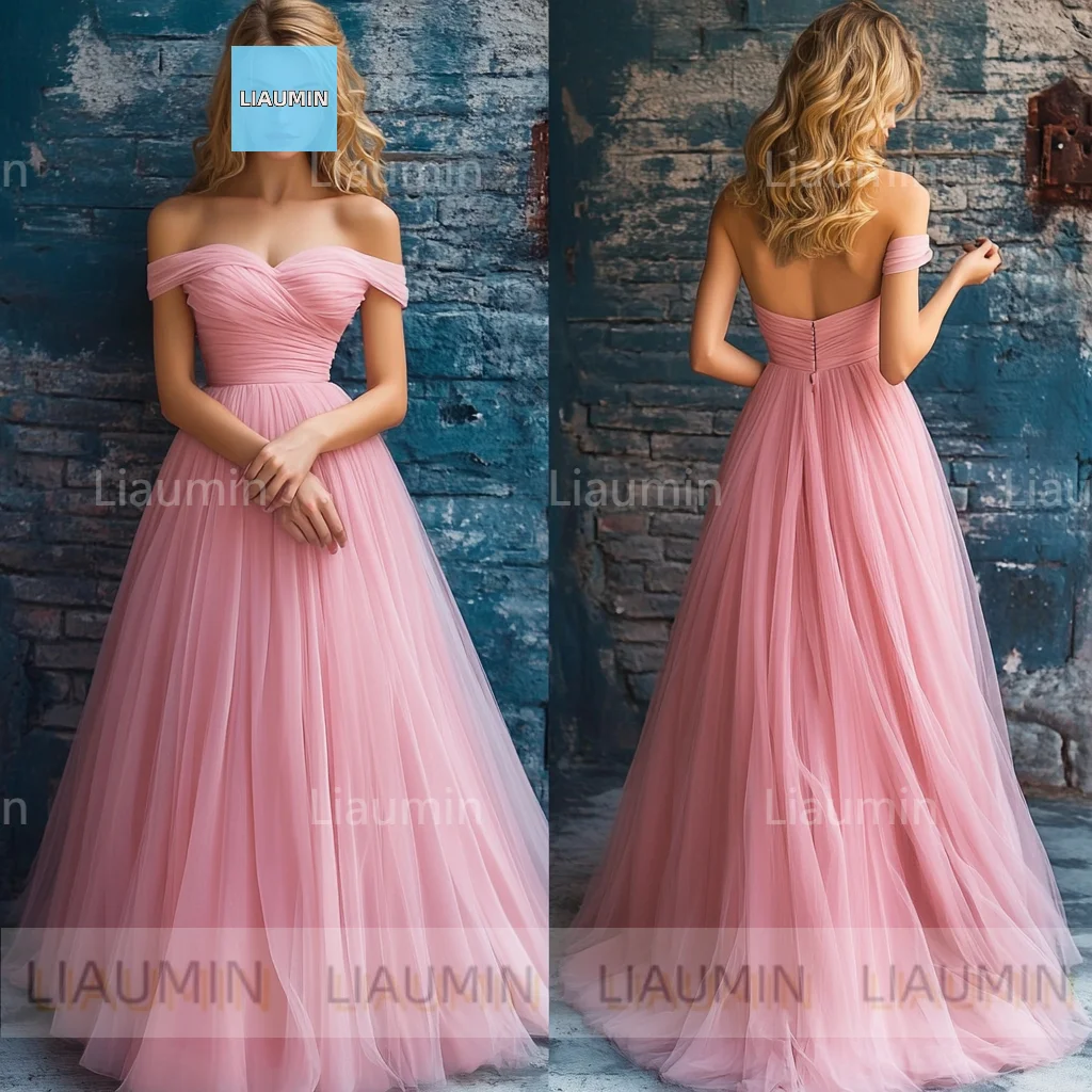 Simple Pink A Line Off Shoulder Lace-up Floor Length Prom Formal Wedding Dresses Evening Bridesmaid Clothing Custom Made C-2