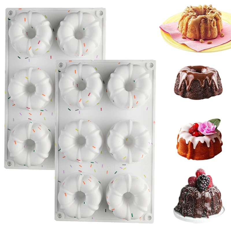 2 Pcs Mini Bundt Cake Pan, 6-Cavity Fluted Tube Cake Pan, Non-stick Silicone Baking Mold For Cupcakes, Donuts, Muffins