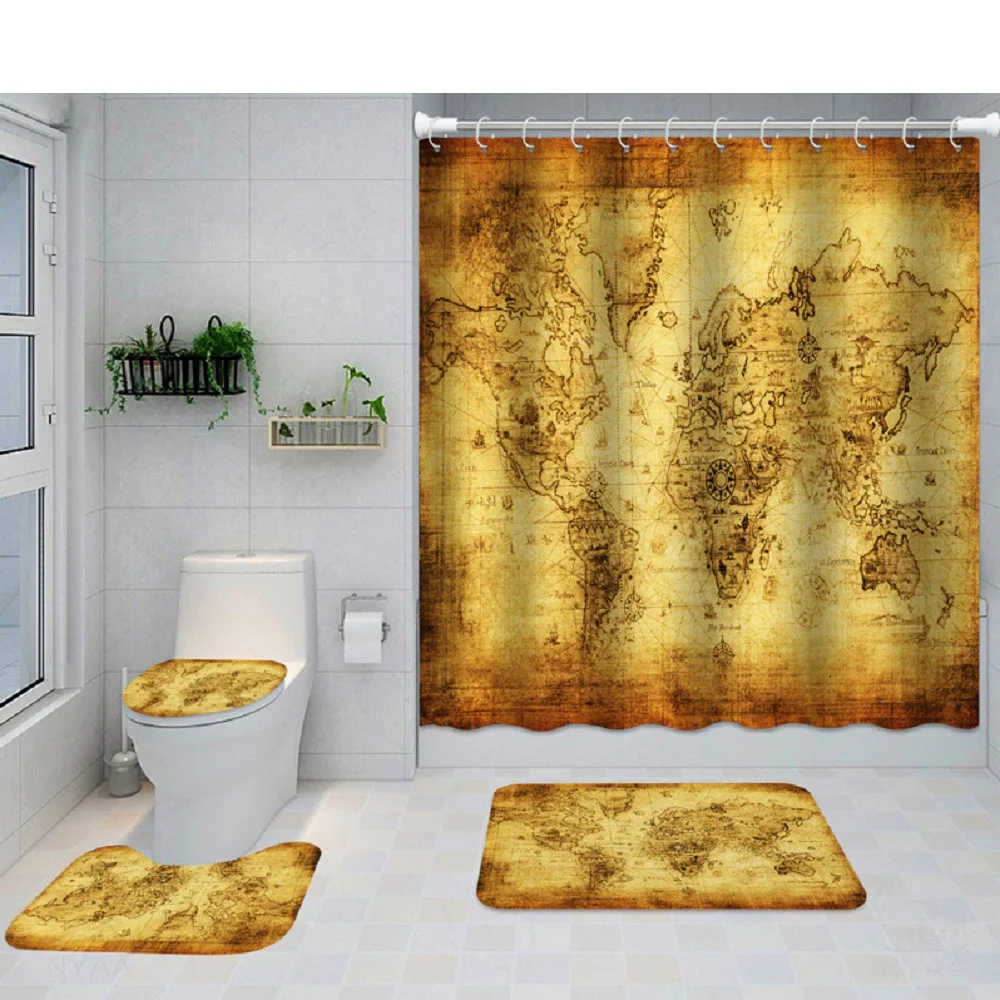 

Old World Map Shower Curtain Sets Non-Slip Rugs Toilet Cover Bath Mat Drawn Nostalgic Historical Map Bath Curtains with Hooks