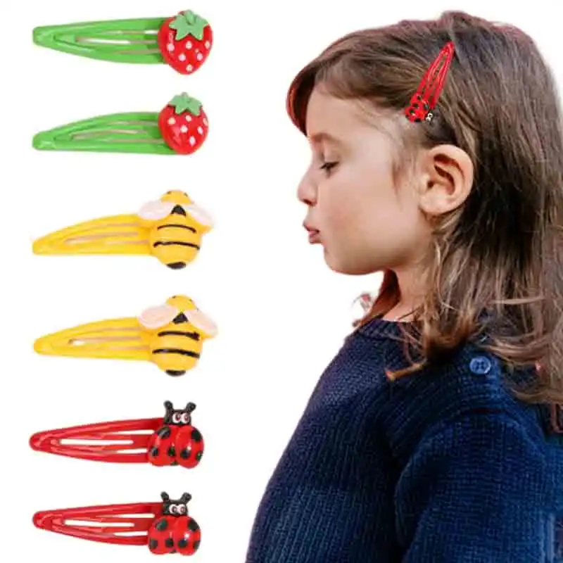 ncmama 6Pcs/set Cute Strawberry BB Hair Clips Bee Ladybug Hairpin Sweet Girls Barrettes Snap Clips DIY Hair Accessories Headwear