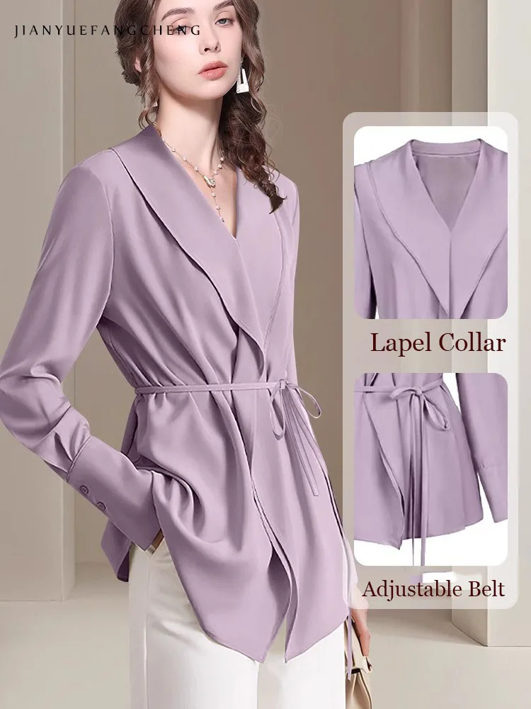 Mode Frauen Frühling Sommer hellviolett Langarm Freizeit hemd mit Gürtel weiche haut freundliche Bluse elegante schlanke Damen oberteile