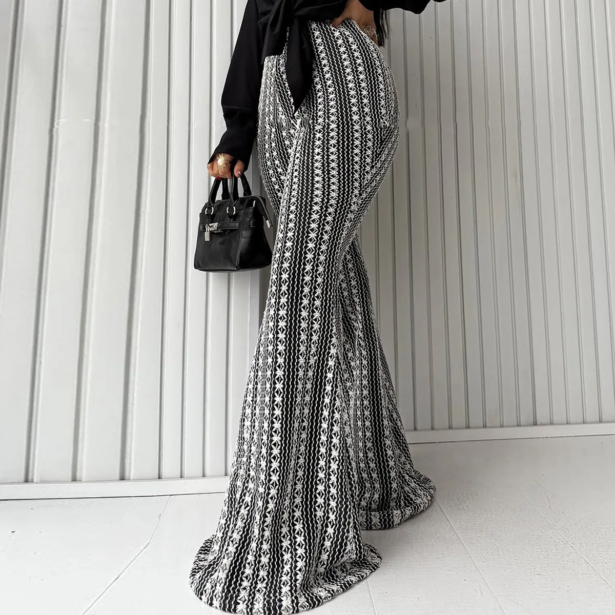 Women's Black & White Striped Flared Pants Spring Summer High Waist Wide Leg Maxi Trousers Retro Elegant Outfit Dating & Events