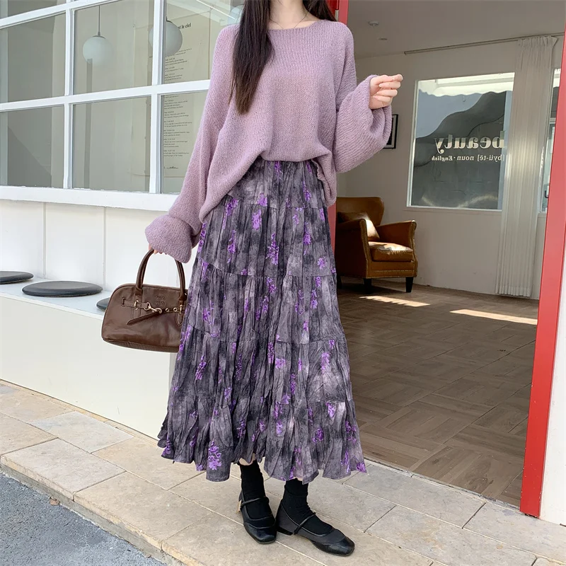 

Ink Dyed Skirt Women Pleated A Line Skirt French Casual Loose Fit Midi Length Autumn Fashion Romantic Sweet Print Versatile