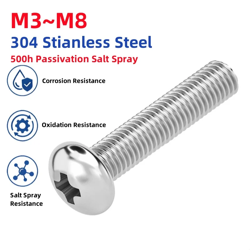 YB818 M3 M4 M5 M6 M8 304 Stianless Steel 500h Passivation Salt Spray Cross Round Phillips Pan Head Screw Bolt