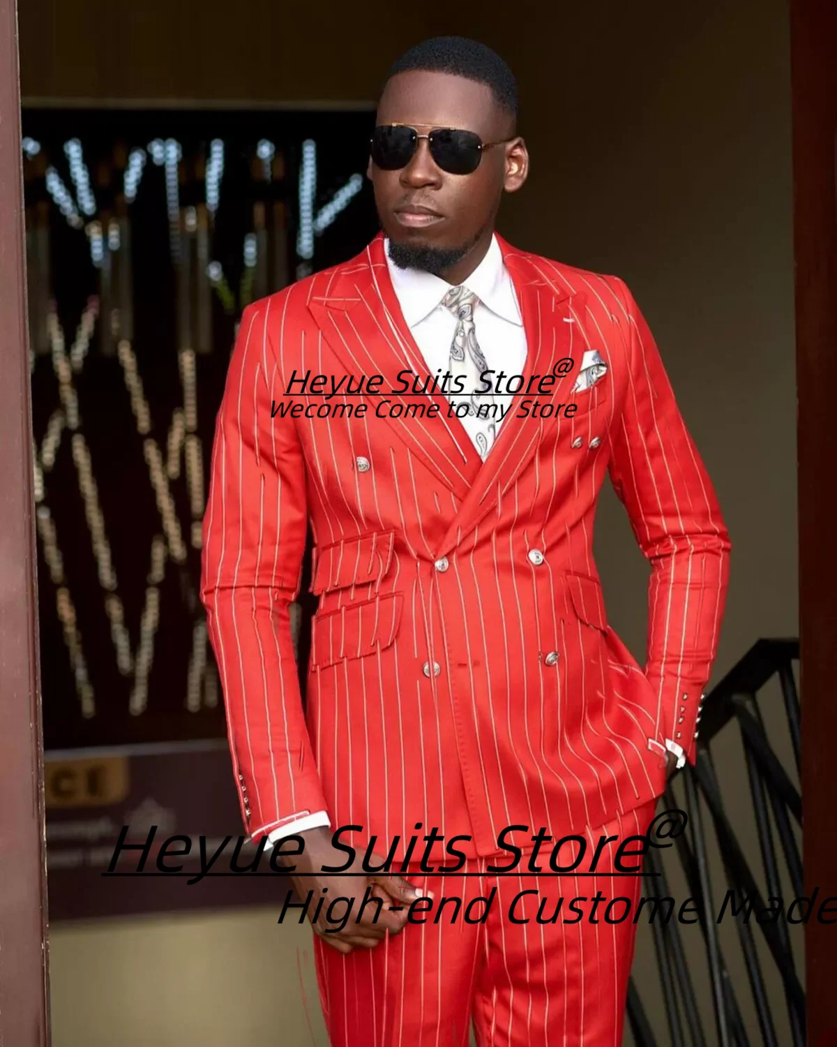 

Business Red Stripe Men Suits Customized Slim Double Breasted Man Prom Tuxedos2Pieces Sets Office Work Male Blazers Ropa Blazers