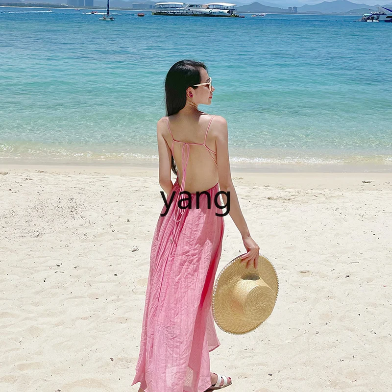 

LMM pink backless suspender beautiful seaside vacation dress beach dress female super fairy