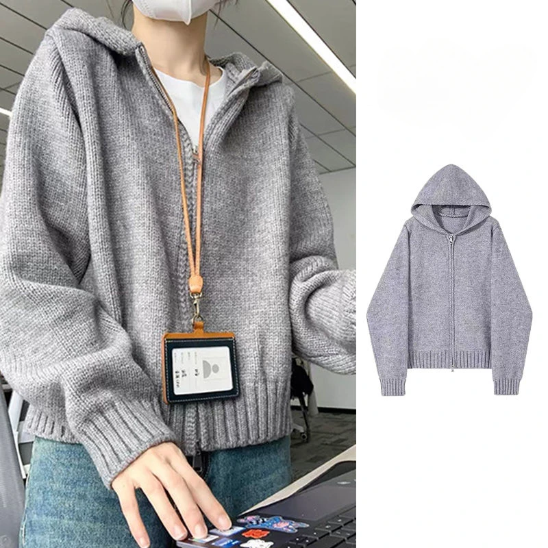 Trendy Korean Gray Hooded Double Zipper Sweater Jacket for Women Spring Autumn 2024 New Retro Lazy Style Loose Knitted Cardigan