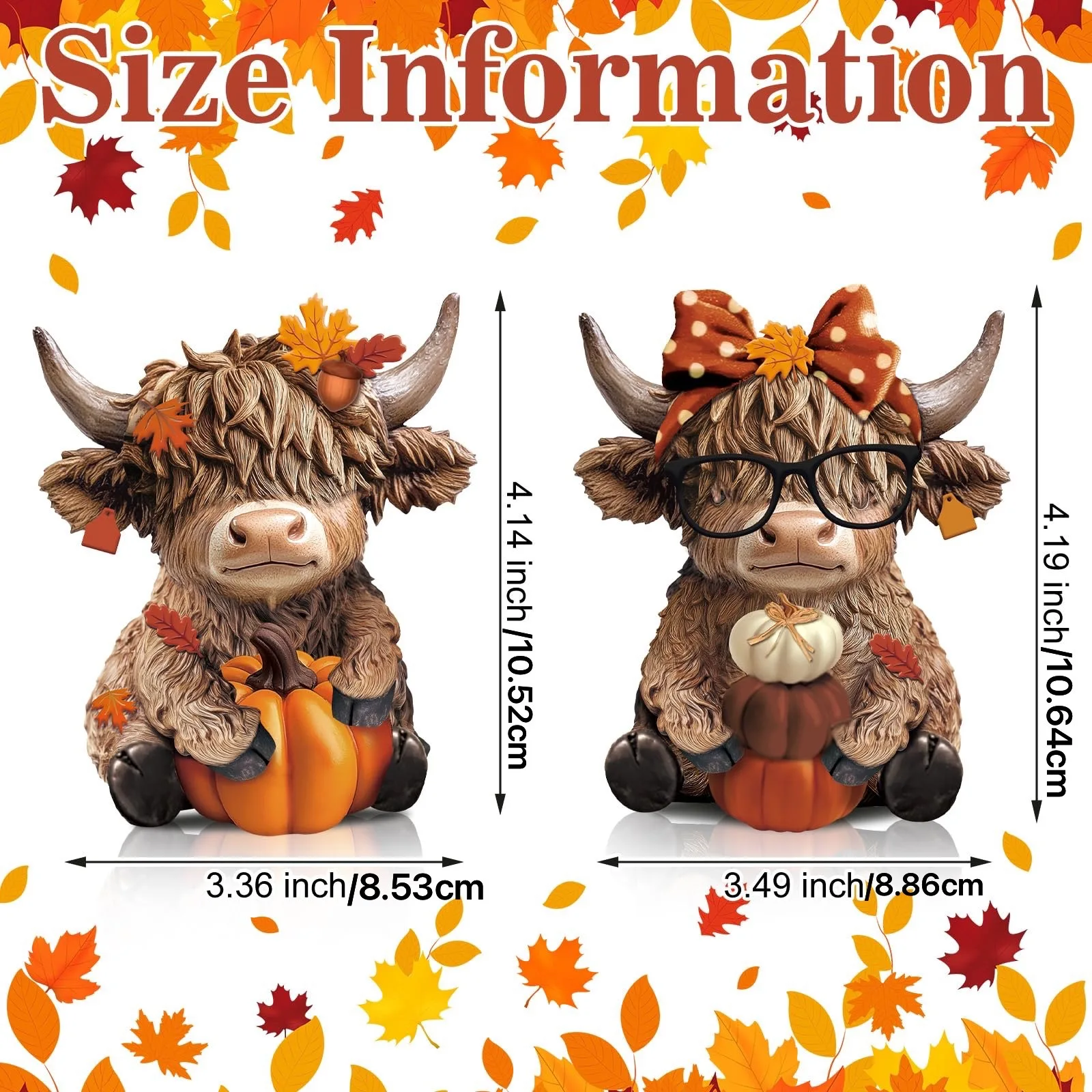 2-teiliges Set, Kürbis-Highland-Kuh-Figuren, Highland-Kuh-Tischdekorationen aus Holz mit Ahornblättern, Kürbis-Highland-Kuh-Statuen mit Schleife, geeignet für Wohnzimmer, Schlafzimmer, Kamin und Schreibtischdekoration. – Detail 5