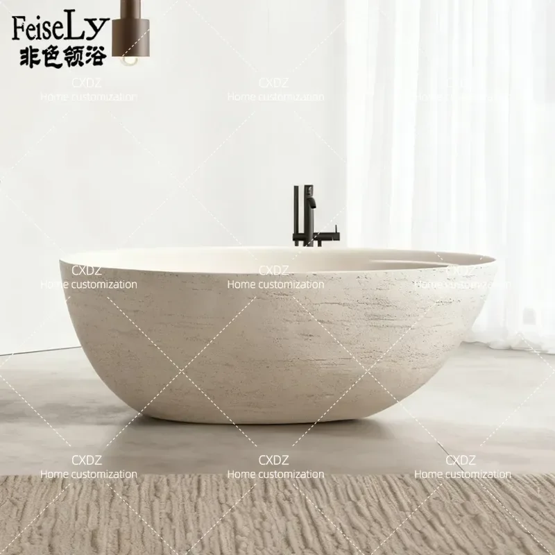 Natural Travertine Egg Shaped Freestanding Bathtub Modern Simple High End Bathroom Tub for Hotel Villa