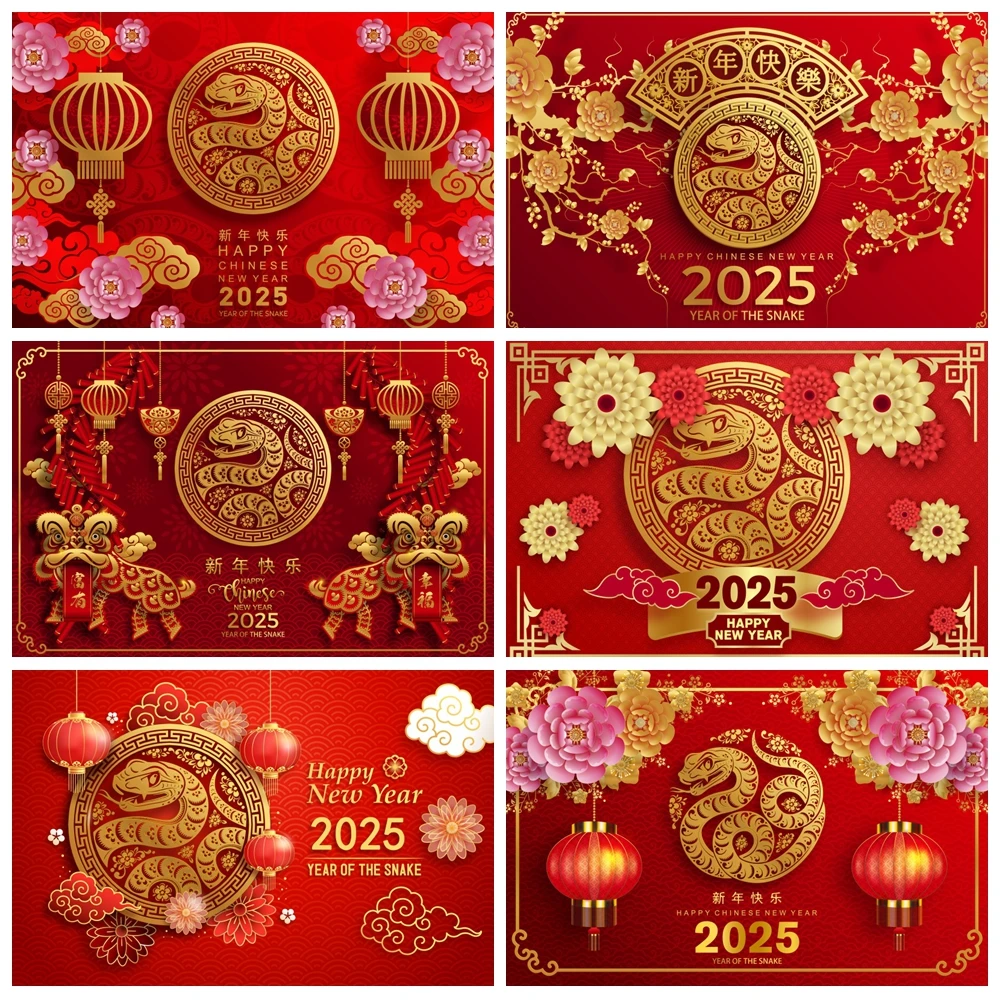 

2025 Happy New Year Backdrop Red Chinese Year of The Snake Family Portrait Photography Background Party Decor Photo Studio