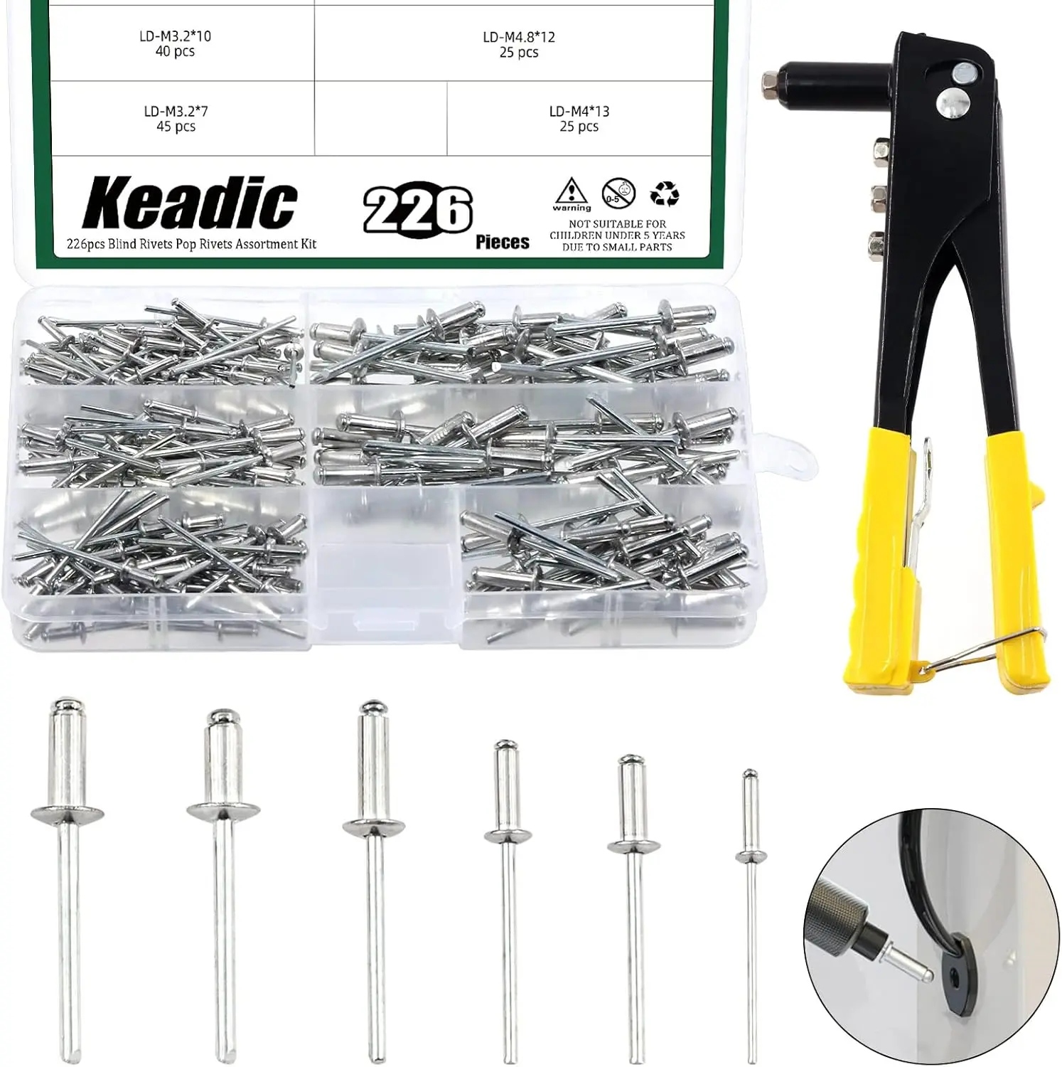 226Pcs Heavy Duty Rivet Kit with 6 Sizes Blind Rivets, M2.4-M4.8 Silver, Hand Rivet Gun for Furniture & Metal Work
