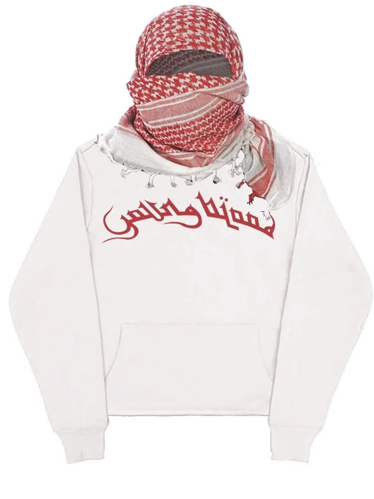 2026 summer neutral Arabic scarf with red and white checkered pattern, headscarf hoodie, streetwear, men's holiday hoodie