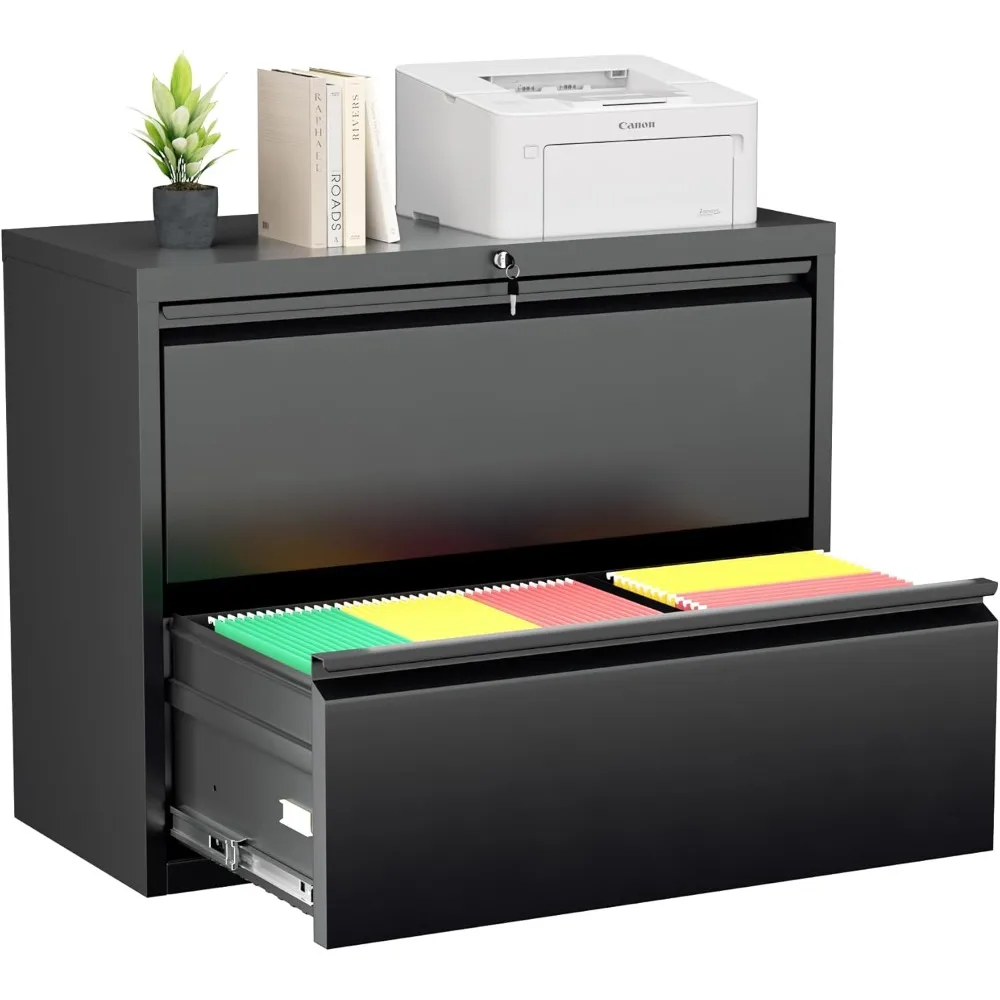 

2 Drawer Filing Cabinet, Black Metal Lateral File Cabinet with Lock, Office File Cabinets for Legal/Letter/A4/F4 Size with Hang