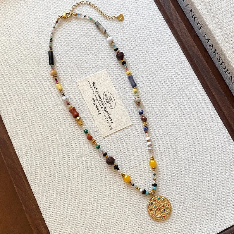 

Minar 2025 New Candy Color Natural Stone Beads Rhinestones Round Coin Pendant Necklaces for Women 18K Gold Titanium Steel Choker