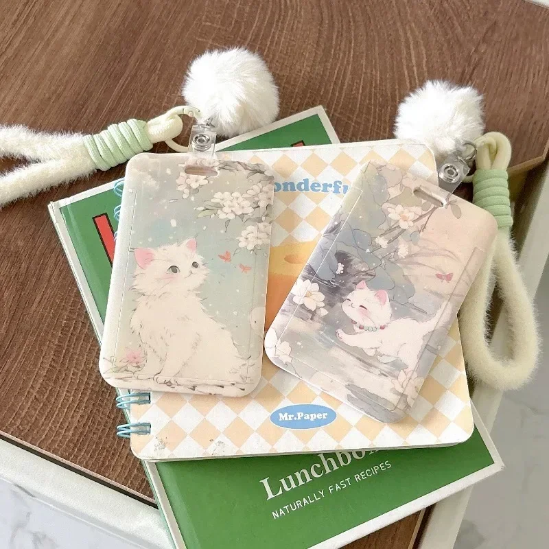 Kawaii Korean Kitten Kpop Photocard Holder with Lanyard Tree White Cat Landscape Photocard Cover Creative Design Card Protector