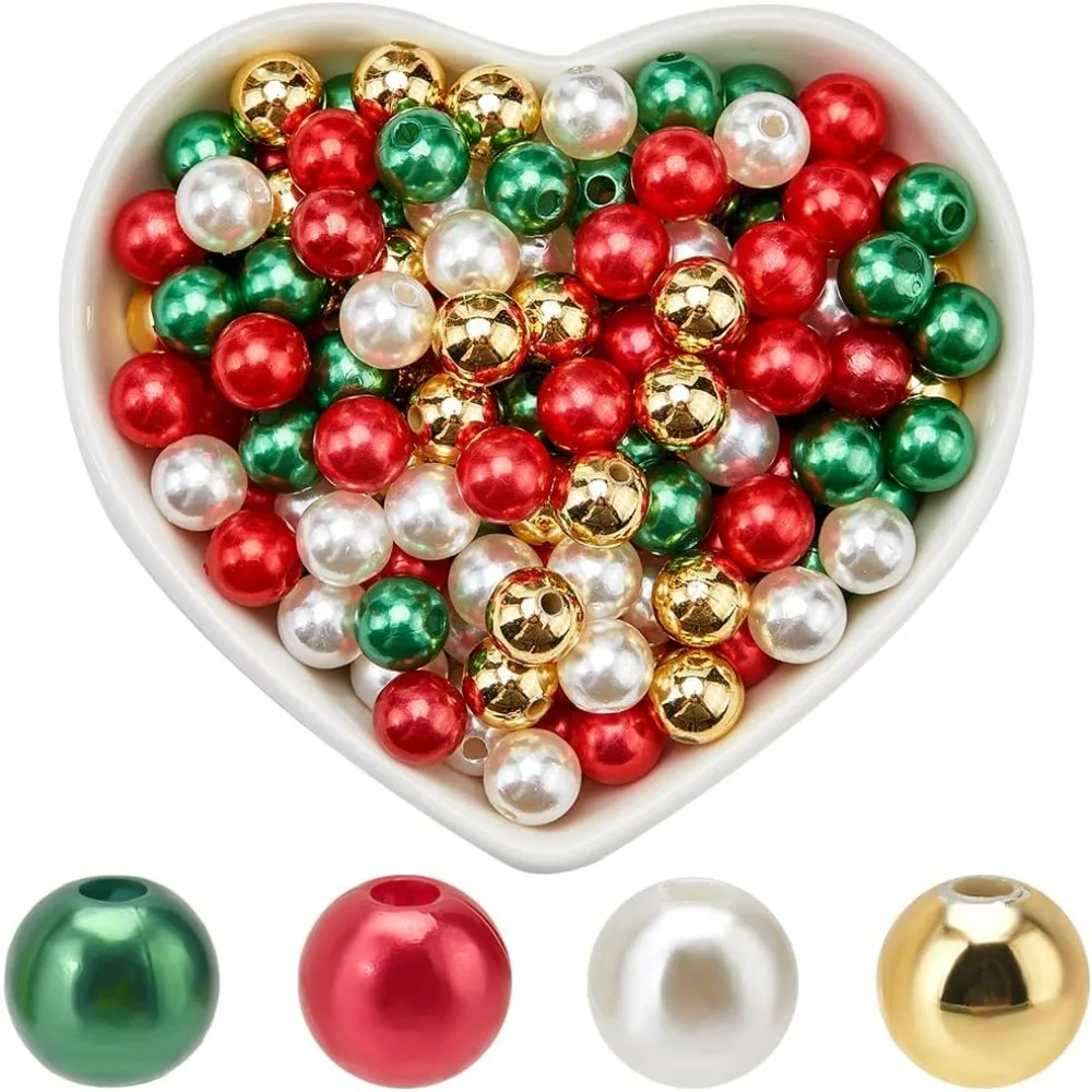 600pcs 4 Colors 8mm Imitation Pearl Beads Christmas Theme Beads Acrylic Plastics Red Green Gold Dyed Faux Artificial making kit