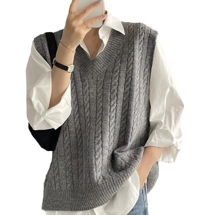 Knitted Vest Women Spring Autumn Vintage Casual Preppy Style Sleeveless Sweater Female Korean Fashion Loose All-match Waistcoat