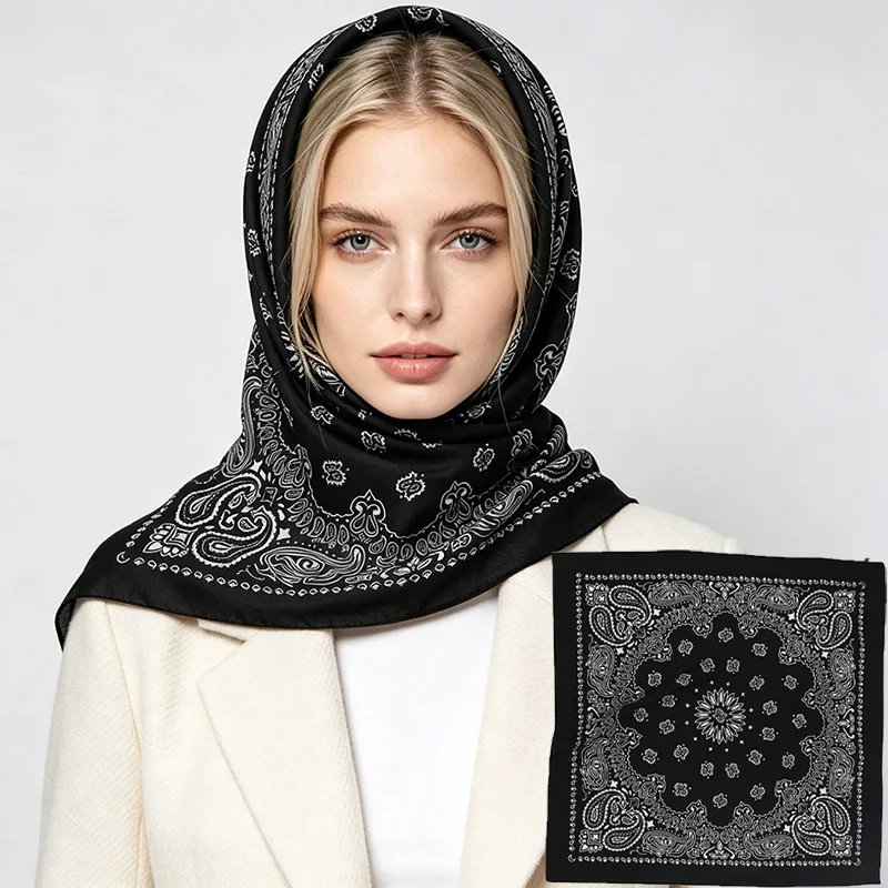 Black Big Size 70CM Square Bandana Scarf Paisley Patterns Print Cotton Bandana Headwear for Women
