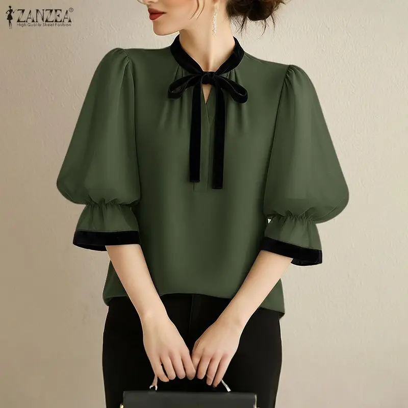 ZANZEA بلوزة نسائية أنيقة للعمل OL قميص مكتب صيفي سترة أنيقة 3/4 كم مكشكش بلوزات مرقعة ملابس علوية غير رسمية برباط #3