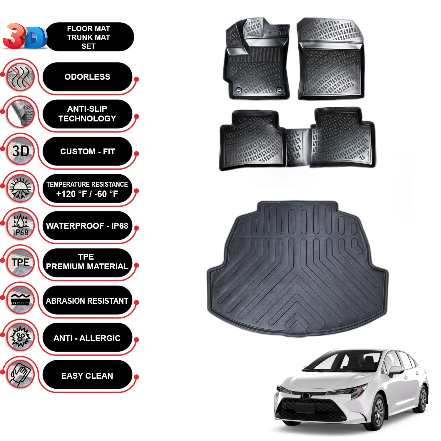 Toyota Corolla Sedan (2018-2023) - Floor Mats + Cargo Trunk Liner - SET - (Black)