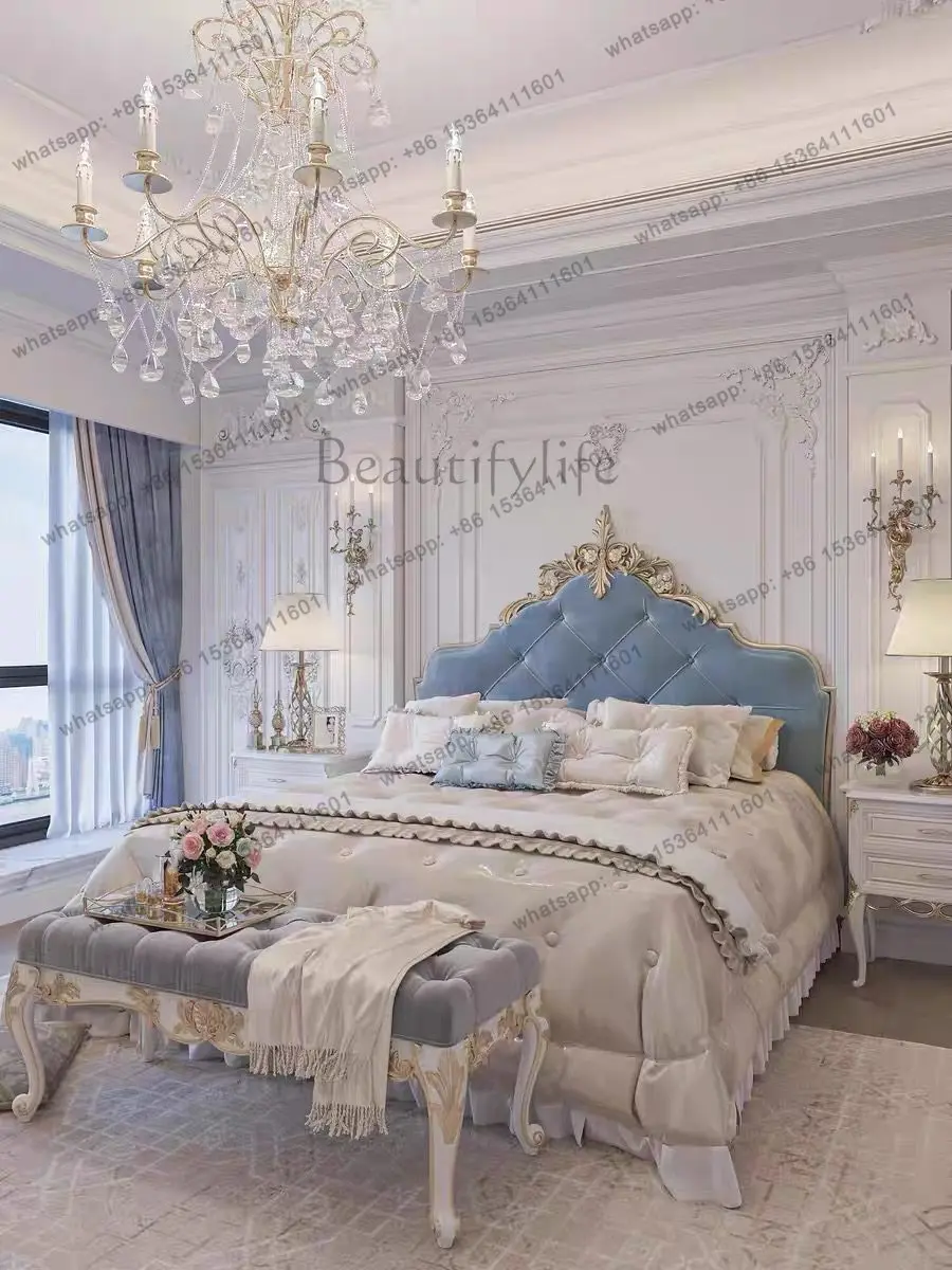 

French romantic style solid wood bed European luxury carved master bedroom high-end American double bed
