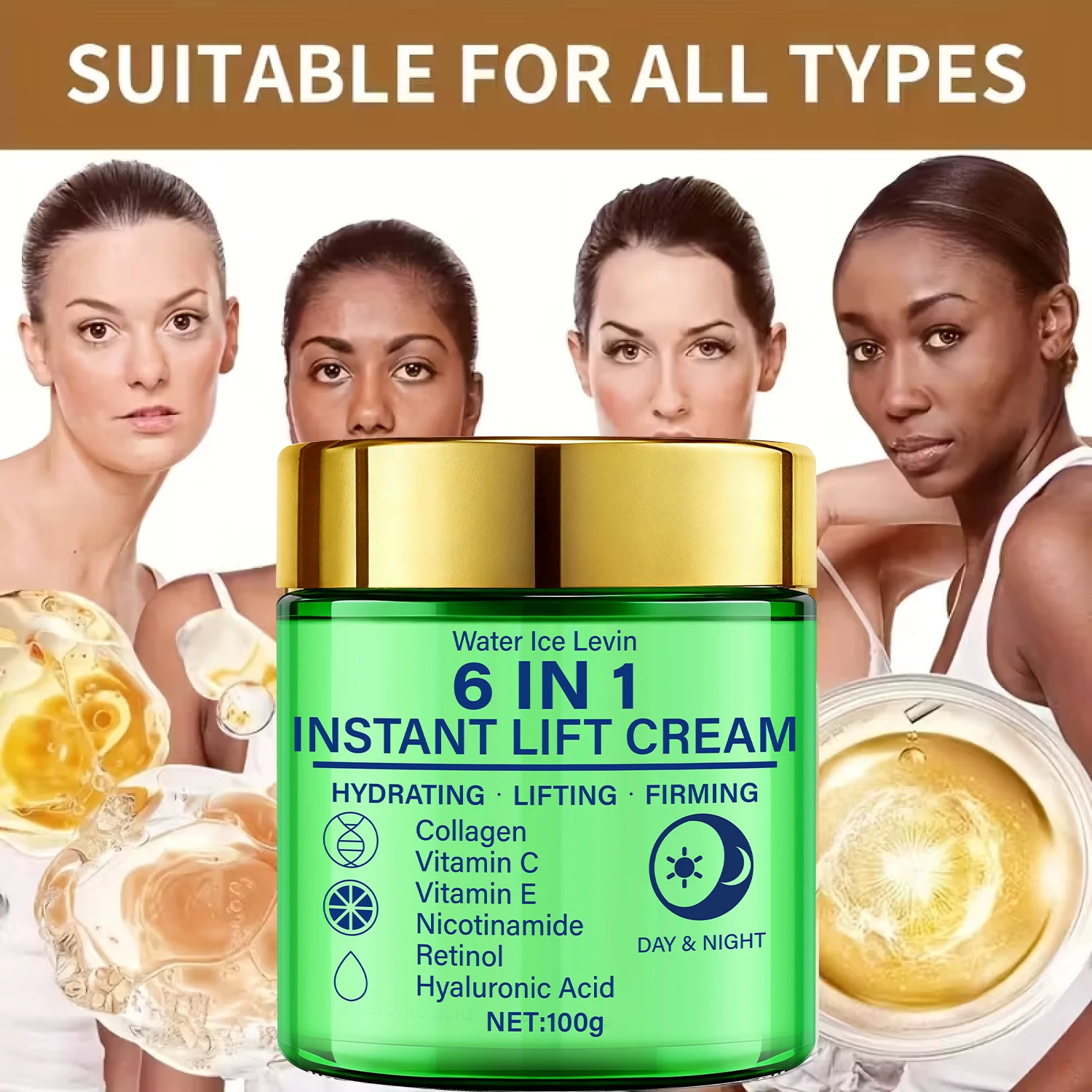 6 In 1 Instant Lift Cream. Collagen Vitamins C E Retinol Niacinamide Hyaluronic Acid. Hydrating Lifting Firming. Day Night Use.