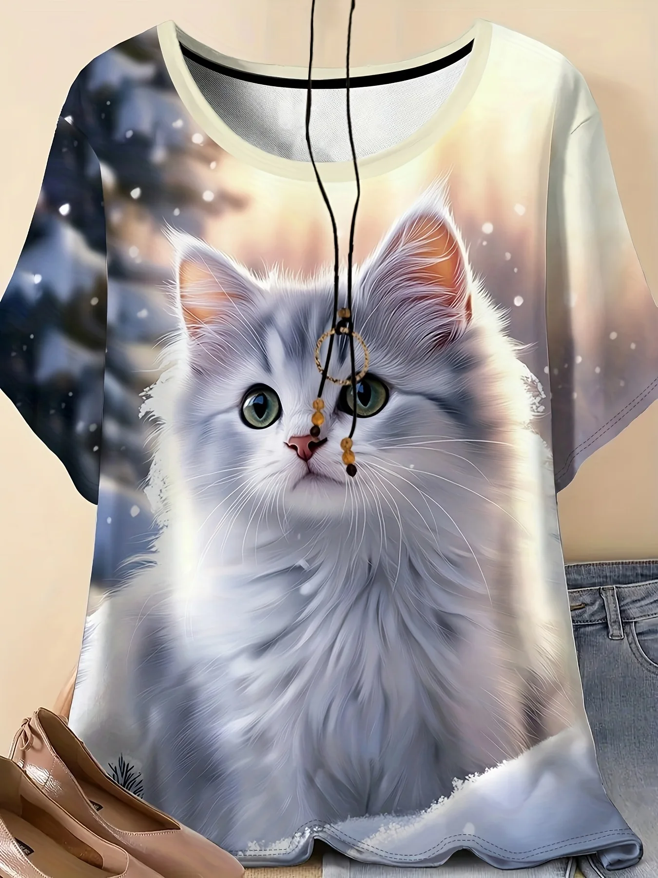 

T-shirt - Soft Peach Red Short Sleeve Top with Round Neck Design for Outdoor Sports Women's Cute Cat Printed Short Sleeve