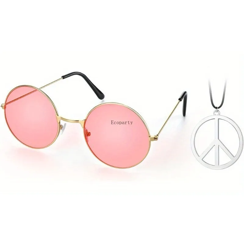 Party Disfraz 70 Hippie Costume Set 60's Style Circle Glasses Peace Sign Necklace Daisy Sunflower Headbands Dressing Accessory