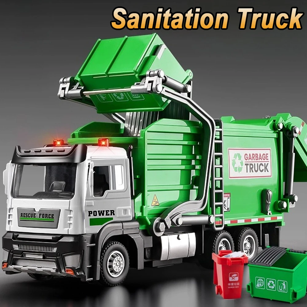 Camion d'assainissement moulé sous pression en alliage 1:32, conteneur de Transport, modèle de voiture jouet, son et lumière, véhicule de tri des déchets, cadeau pour enfant