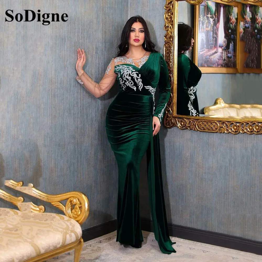 SoDigne Grün Samt Abendkleid 2023 Für Hochzeit Party Spitze Perlen Langen Ärmeln Vintage Meerjungfrau Abendkleid Berühmtheit Kleid